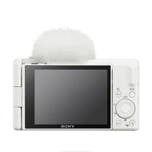Retro della Sony ZV-1 II bianca con lo schermo da 3 pollici, la ghiera dei comandi e il tasto MENU