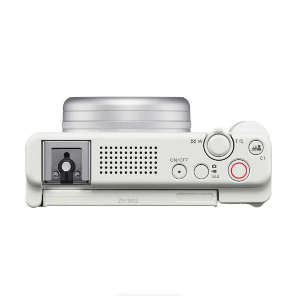 Sony ZV-1 II bianca vista dall'alto, con la griglia del microfono a tre capsule e la slitta multi-interfaccia