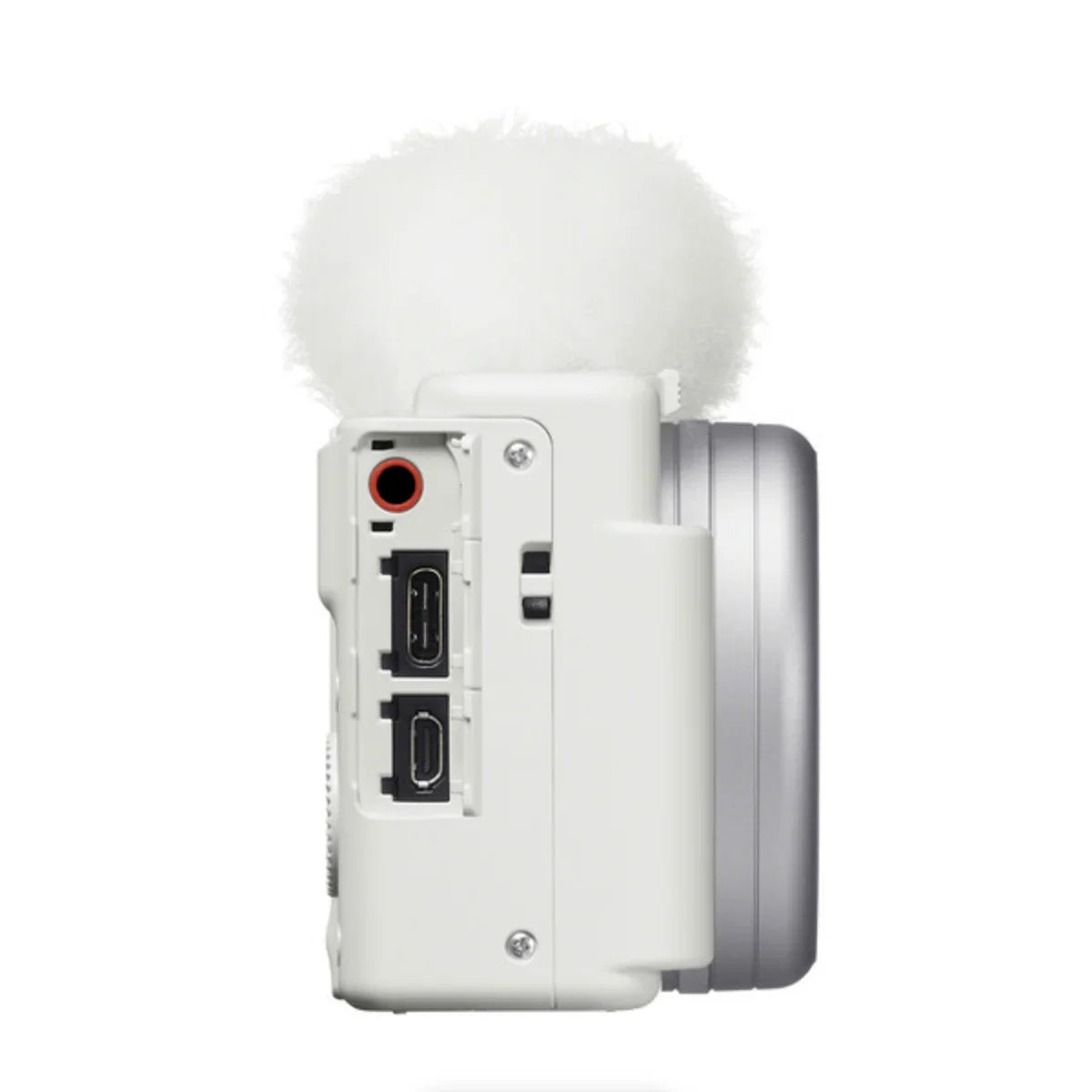 Lato della Sony ZV-1 II bianca con lo sportello aperto sugli ingressi microfono, USB-C e HDMI
