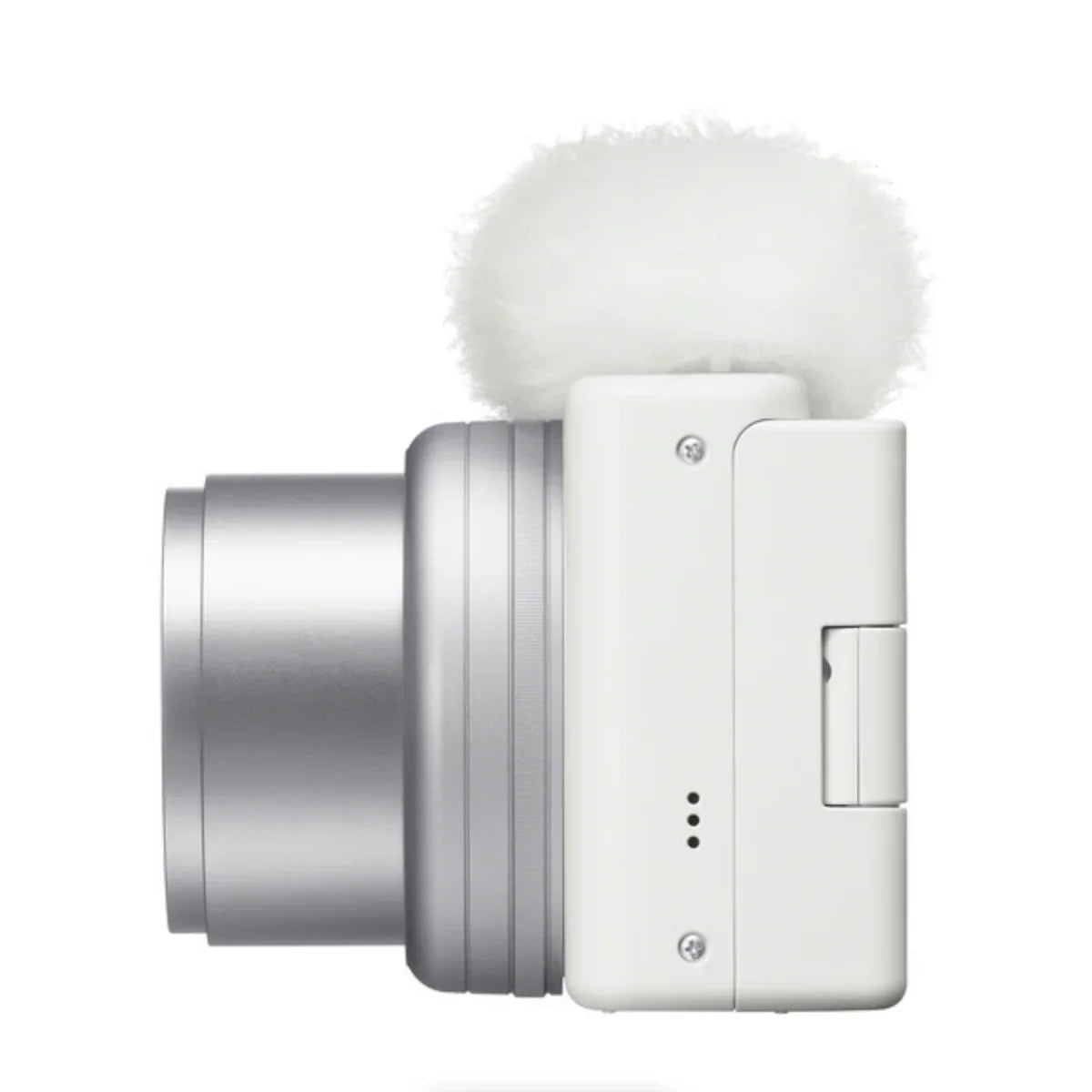 Sony ZV-1 II bianca vista di lato con l'obiettivo esteso in posizione di zoom