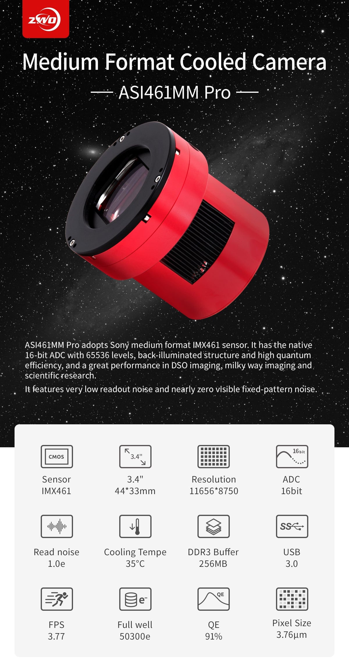 ZWO ASI461MM-P camera astronomica CMOS monocromatica raffreddata