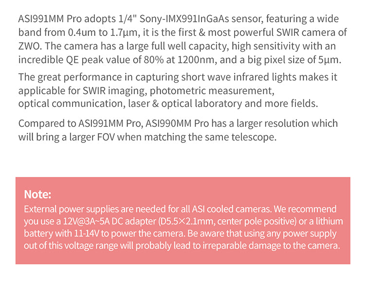 ZWO ASI992MM-P camera NIR SWIR InGaAs raffreddata