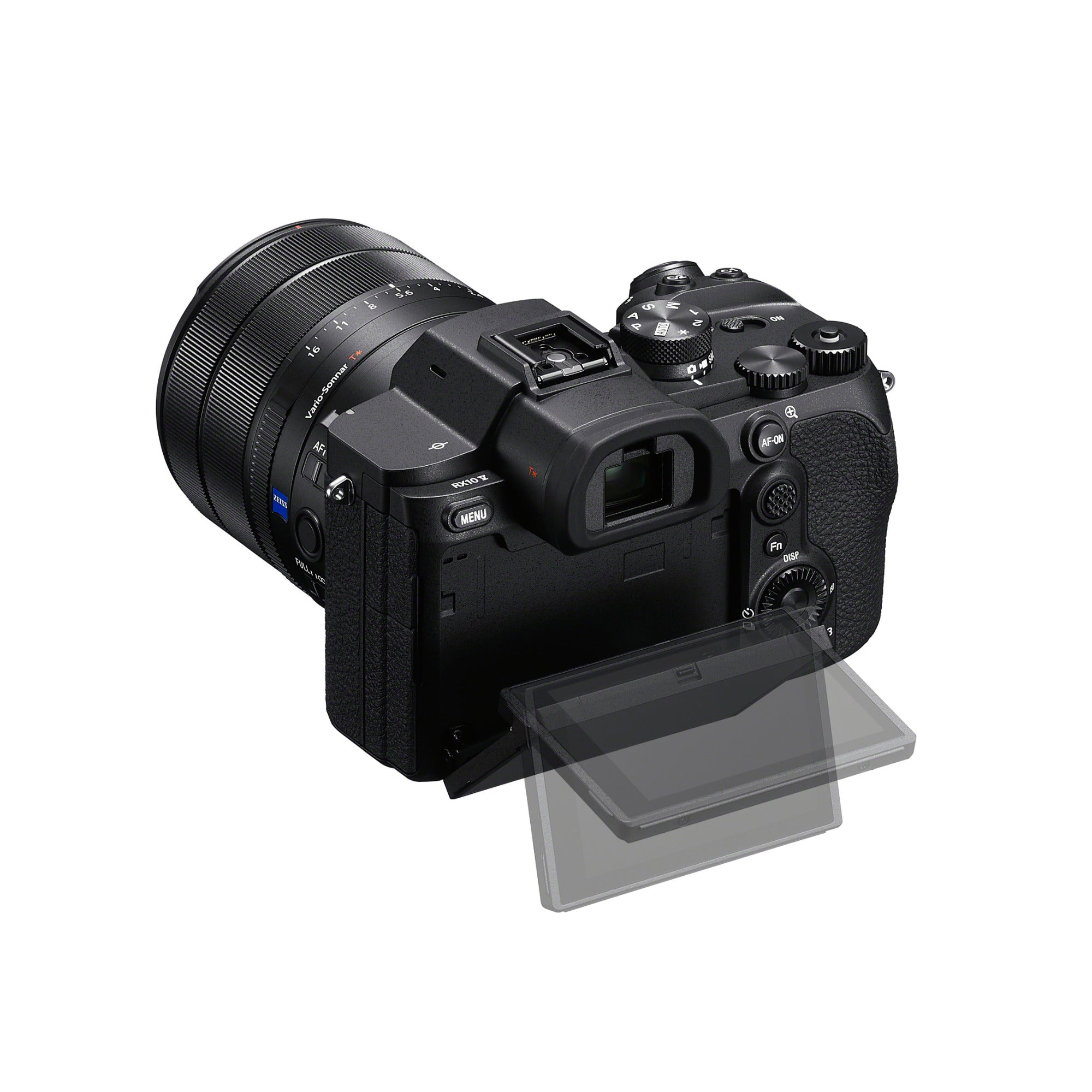 Sony RX10 V di tre quarti da dietro con lo schermo inclinato verso il basso e la slitta Multi Interface sul piano superiore