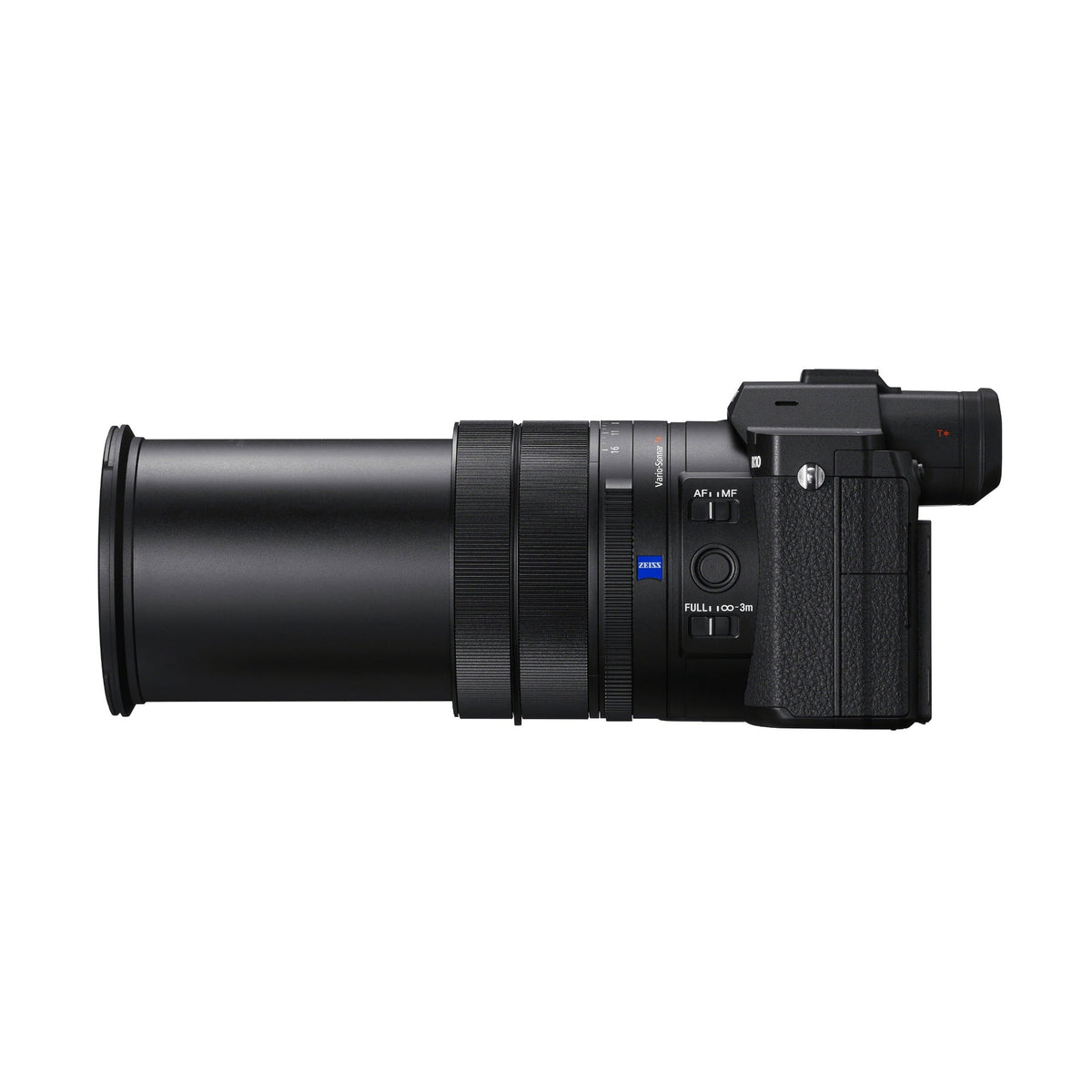 Sony RX10 V di profilo con l'obiettivo completamente esteso alla focale di 600 mm, che mostra l'ingombro reale alla massima estensione