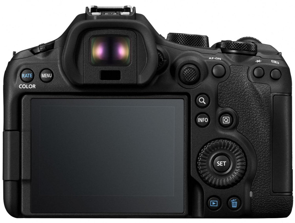 Canon EOS R6 Mark III, retro con monitor touchscreen e mirino elettronico