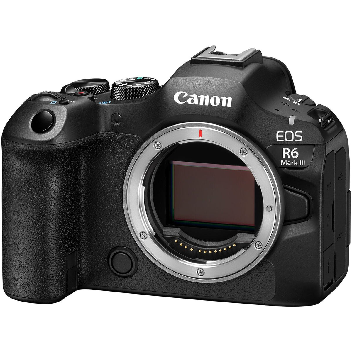 Canon EOS R6 Mark III corpo, vista frontale di tre quarti con innesto RF