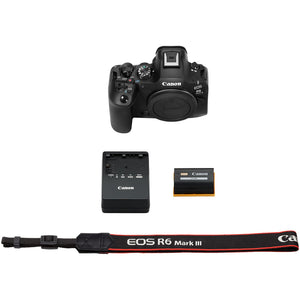 Canon EOS R6 Mark III, contenuto della confezione: corpo, batteria LP-E6P, caricabatterie LC-E6E e cinghia