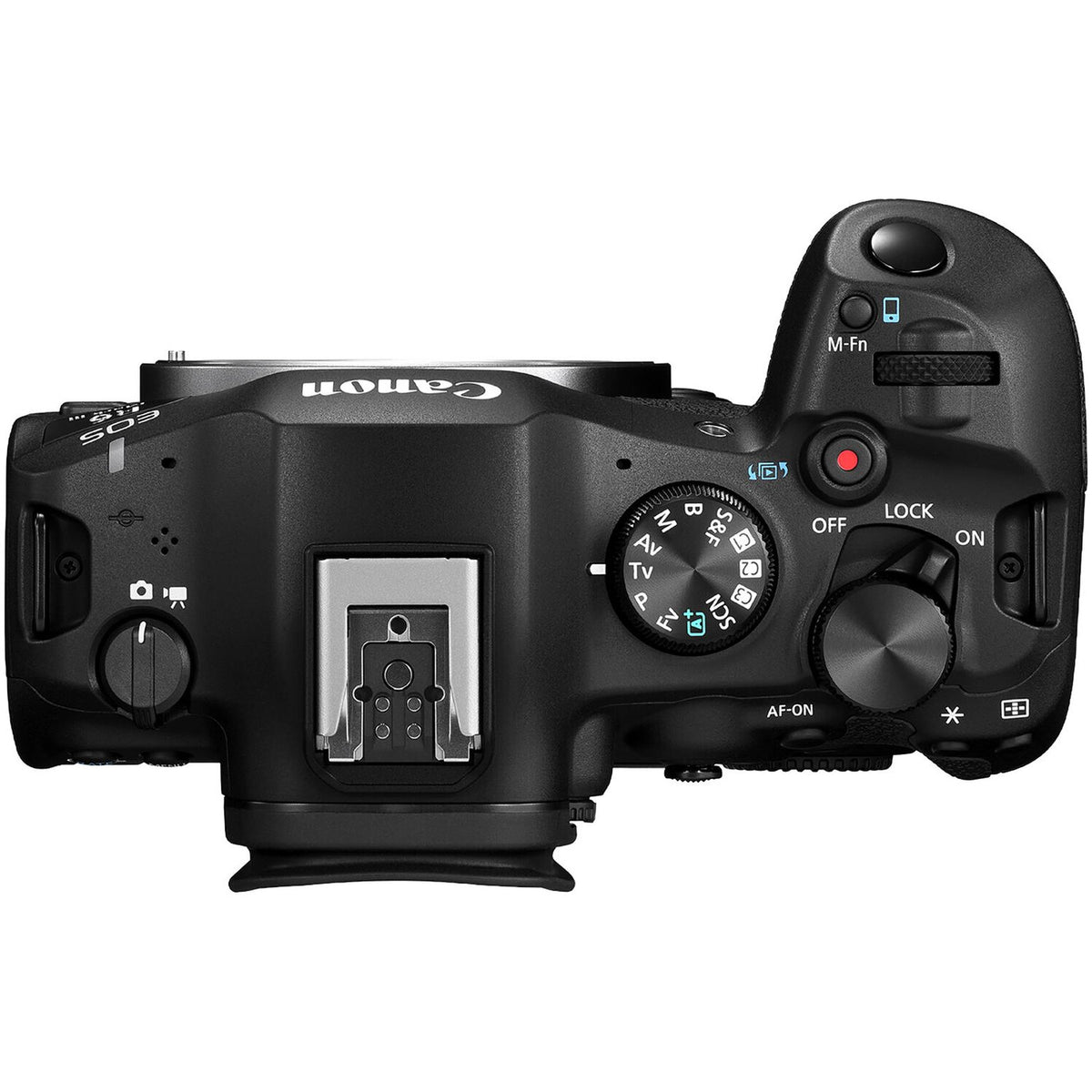 Canon EOS R6 Mark III, vista dall'alto con ghiere e slitta multifunzione