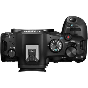 Canon EOS R6 Mark III, vista dall'alto con ghiere e slitta multifunzione