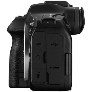 Canon EOS R6 Mark III, lato con prese microfono, cuffie, USB-C e HDMI