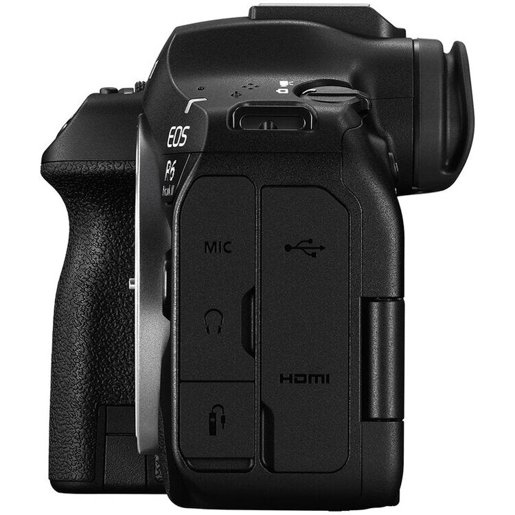 Canon EOS R6 Mark III, lato con prese microfono, cuffie, USB-C e HDMI