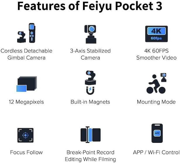 Feiyu Pocket 3 Action cam 4K con Impugnatura Remota – 12MP Stabilizzazione 3 Assi Grandangolo 180°