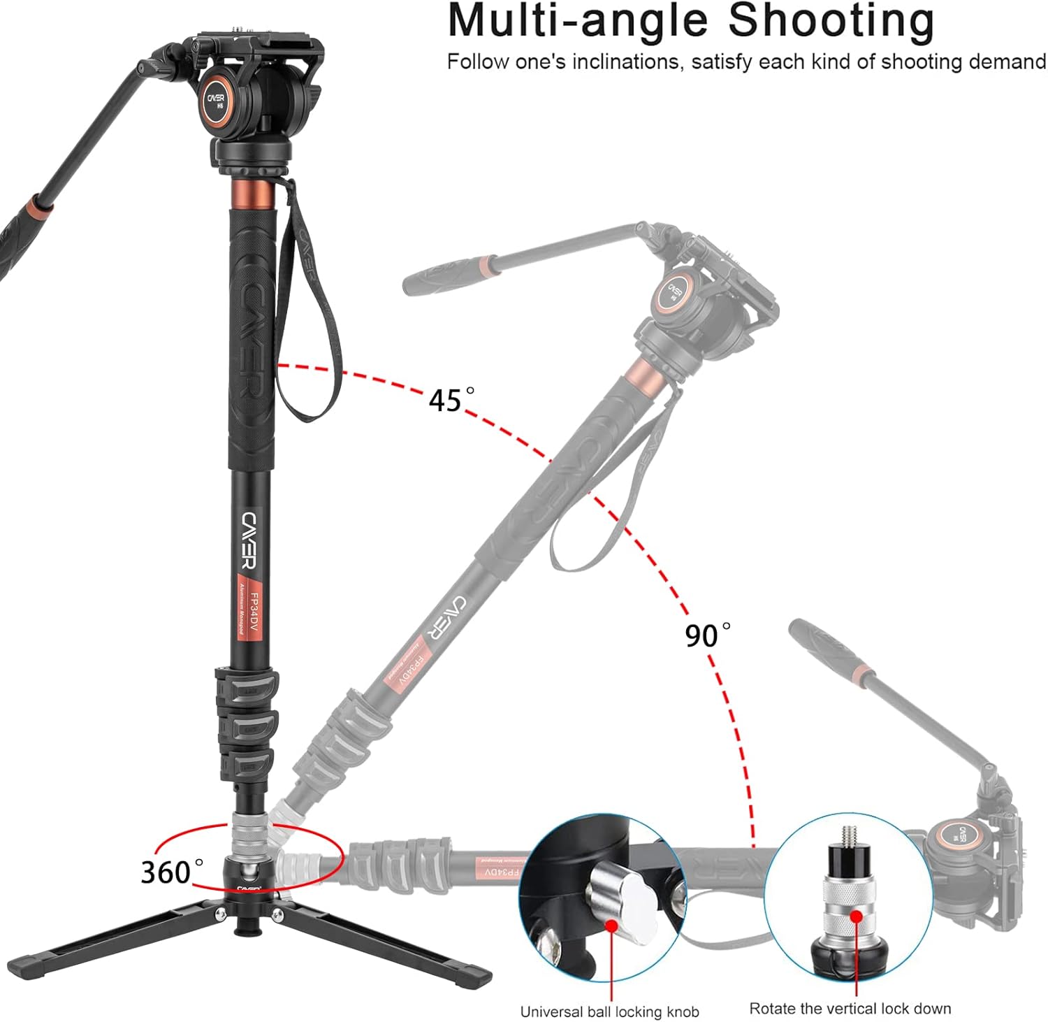 Cayer Monopiede, FP34DV professionale da 71 pollici Treppiede Monopiede in alluminio, testa fluida