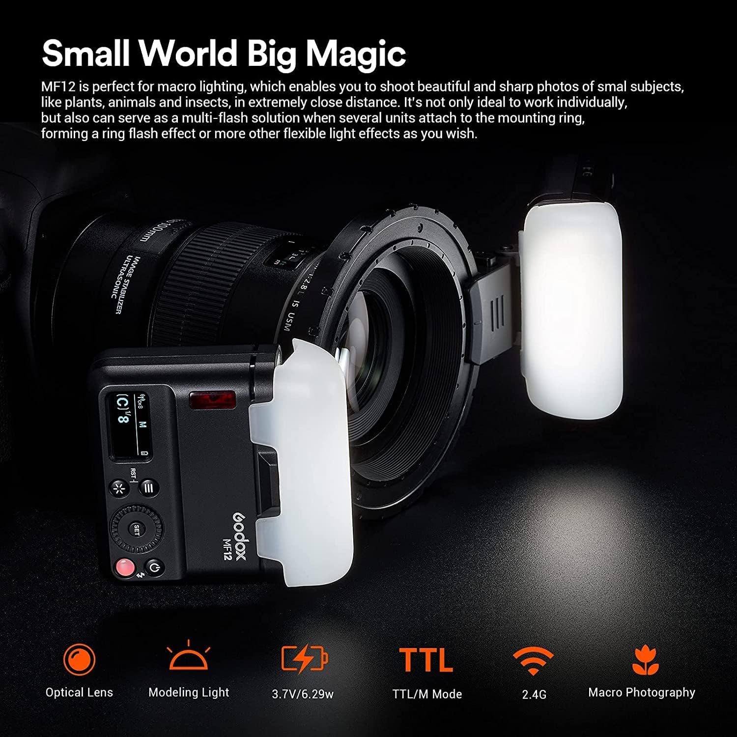 Godox MF12-K2 Flash macro da 12 W, kit flash a due luci per fotocamera, wireless 2,4G, TTL/M