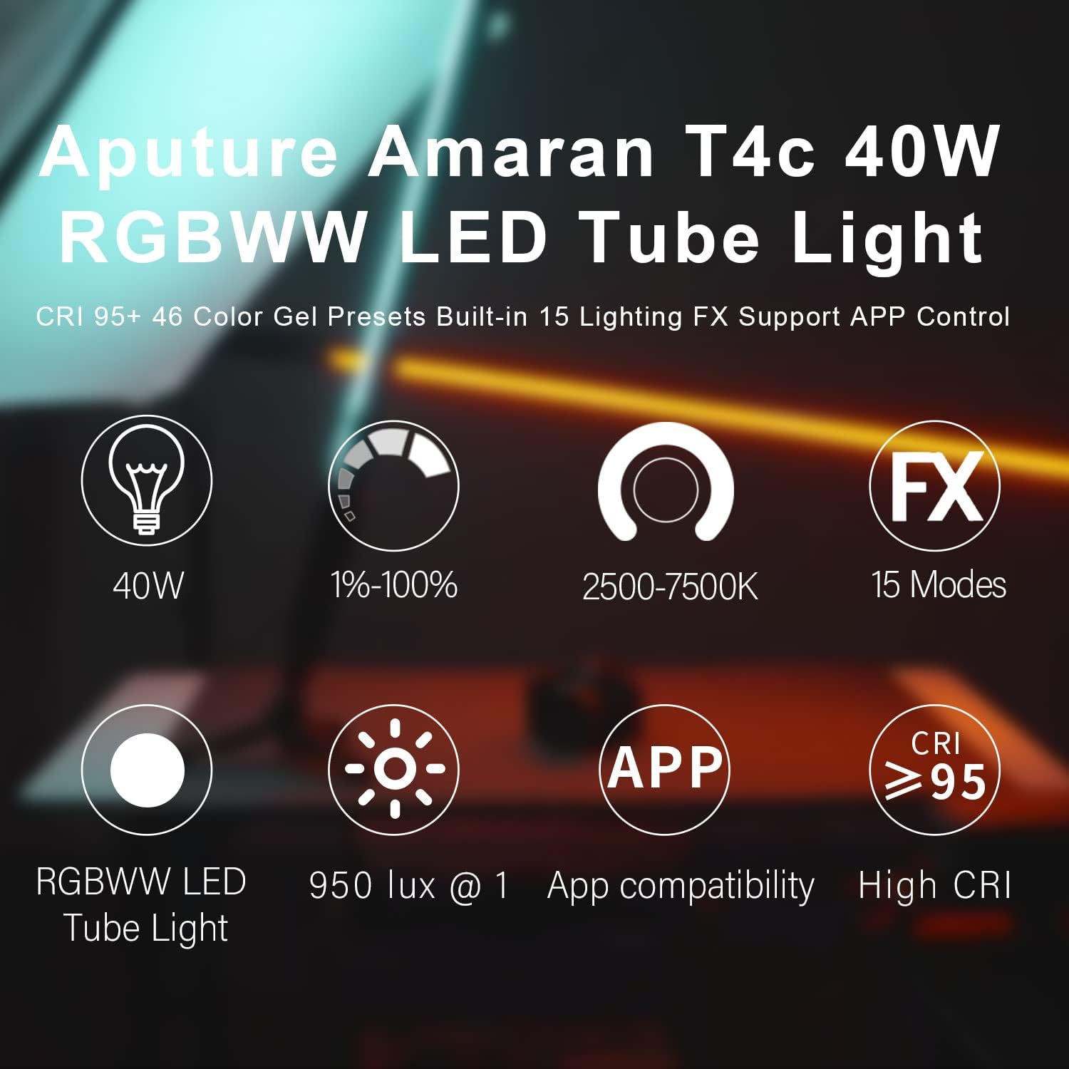Amaran T4c Tubo LED 1,2 m RGBWW da 40W, 744+ Lux a 1 m (5600 K), CCT Regolabile 2500 K-7500K
