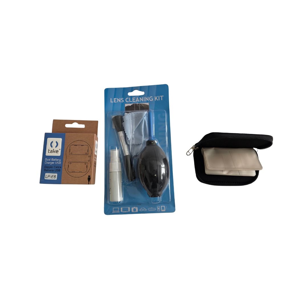 Kit Essenziale – caricabatterie doppio LP-E6, kit pulizia e custodia schede
