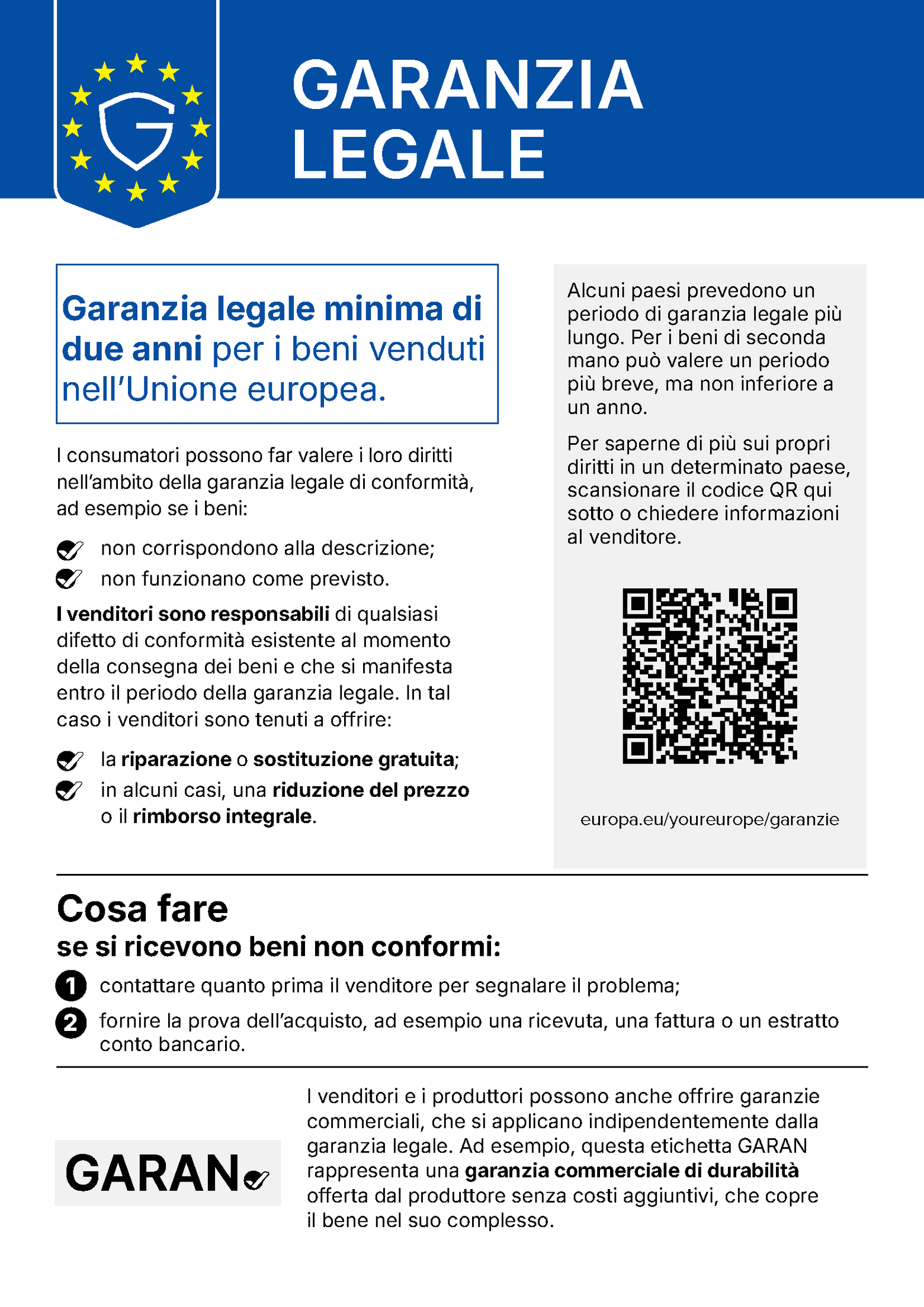 Garanzia legale minima di due anni per i beni venduti nell’Unione europea