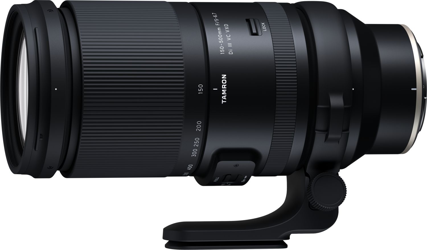 Tamron 150-500mm f/5-6.7 Nikon Z di lato, con collare e piede per treppiede montati