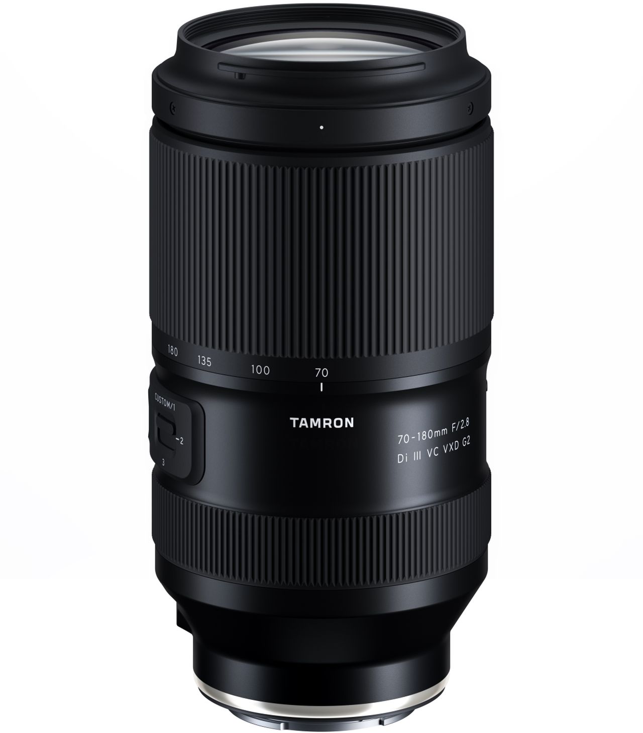 Obiettivo Tamron 70-180mm f/2.8 Di III VC VXD G2 per Sony E, vista frontale verticale su fondo bianco