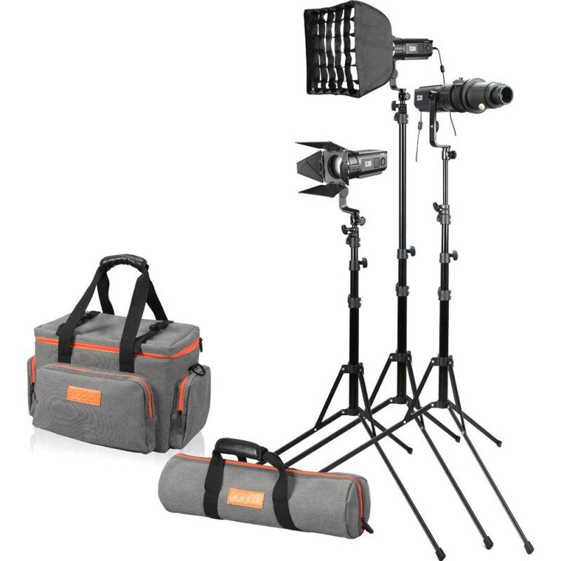 Godox SA-D Kit di 3 illuminatori a led S30 con messa a fuoco + 3 stativi + 2 softbox + accessori