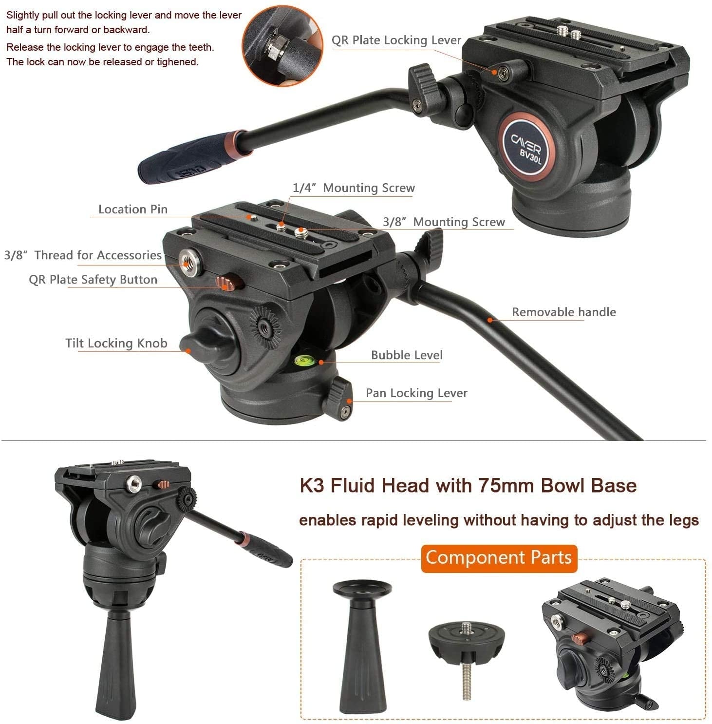 Cayer BV30LH treppiede in tubo doppio di alluminio professionale testa fluida K3 carico oltre 30KG