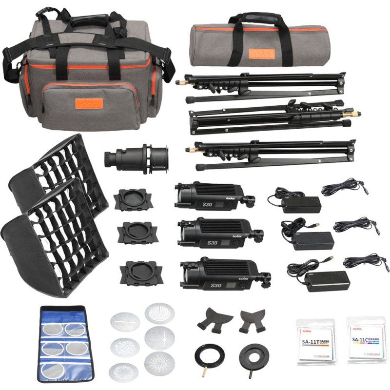 Godox SA-D Kit di 3 illuminatori a led S30 con messa a fuoco + 3 stativi + 2 softbox + accessori