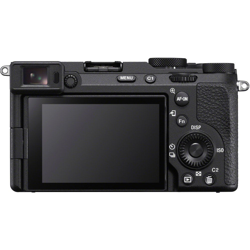 Retro della Sony a7CR con lo schermo orientabile, il mirino e i tasti MENU, AF-ON e Fn