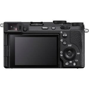 Retro della Sony a7CR con lo schermo orientabile, il mirino e i tasti MENU, AF-ON e Fn
