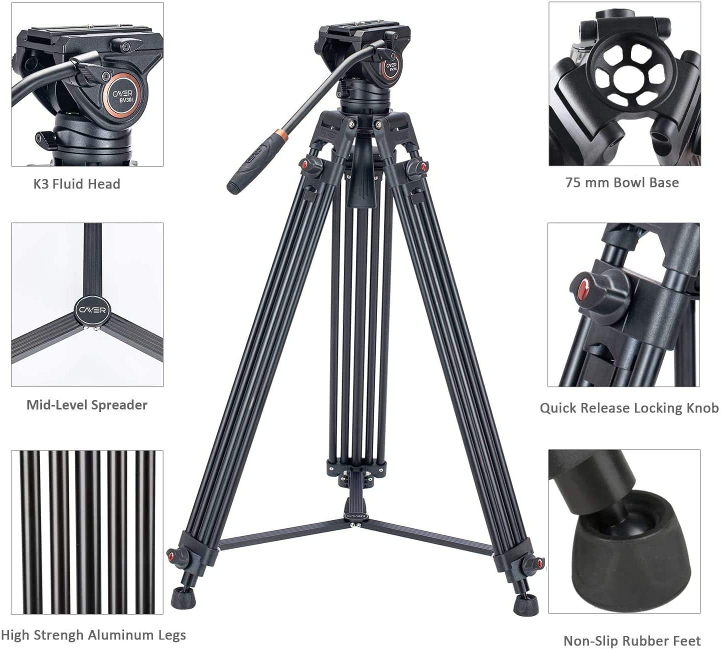 Cayer BV30LH treppiede in tubo doppio di alluminio professionale testa fluida K3 carico oltre 30KG